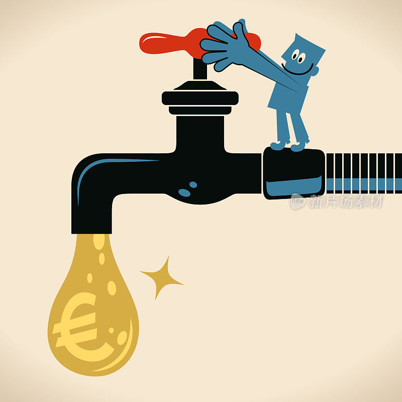 Blue man turning on or turning off the tap with a drop of euro sign (european union currency)